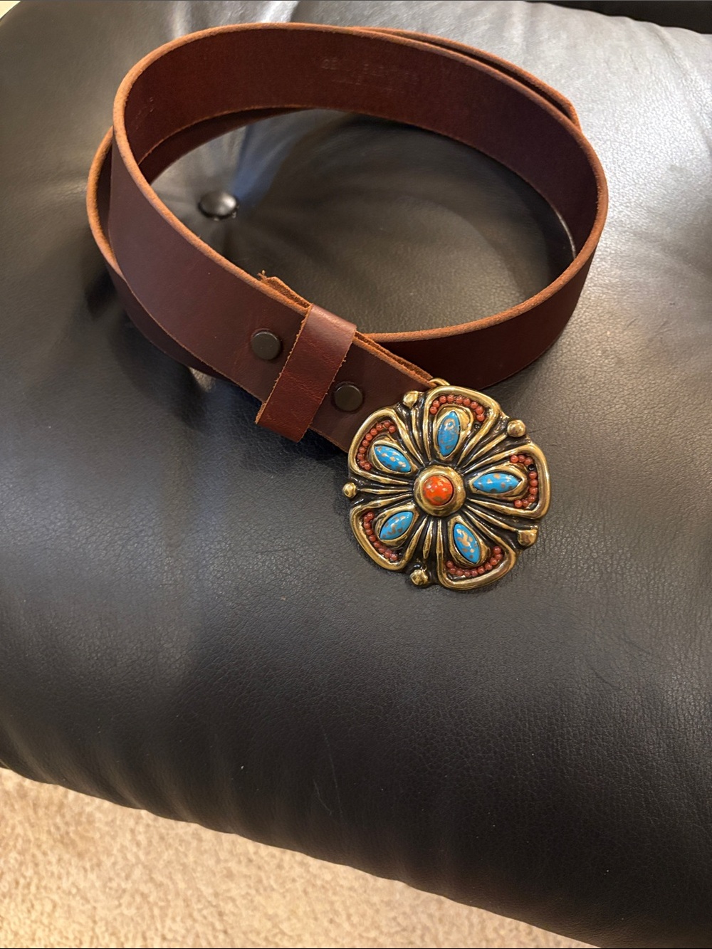 Harold's Brown Leather Belt with Turquoise and Coral Flower Buckle. Size XL. - Picture 2 of 2